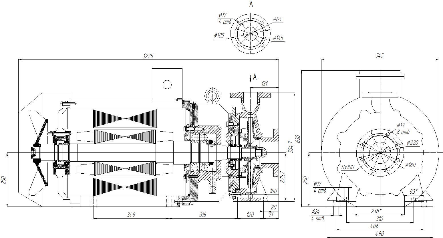 Чертеж электронасоса Иртыш ЦМК 65/330.328-90/2-200: габаритные размеры, вид сбоку